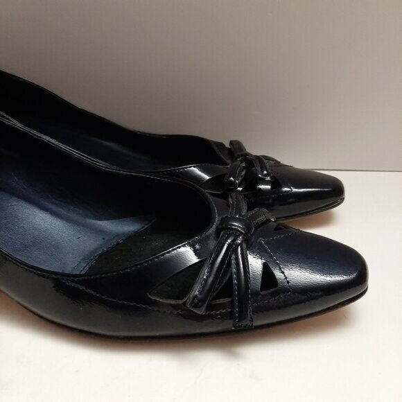 VANELI Bow & Cut-Out Low Heel Navy Blue Patent Genuine Leather Classy Pumps Sz 9 - Picture 3 of 16